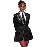 LEWIJO Pinstripe Blazer Dress for Women Sexy Elegant V Neck Womens Blazer Dress 1 Button Long Sleeve Jacket Dresses