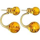 Amber by Mazukna Stud Earrings for Women - 24K Gold Plated Silver, Double Ball Design Earrings with Natural Baltic Amber Pieces, Lightweight Jewelry Gift for Everyday Elegance