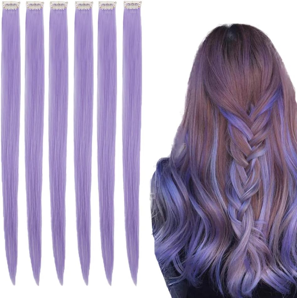 Creamily 20 Inches Clip in Hair Extension Straight Light Purple Party Highlights Synthetic Hair Extension for Women Girls (6 Pieces/Pack)