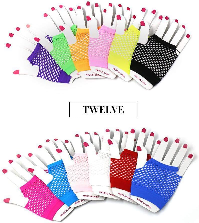 12 Pairs Nylon Colored Fingerless Fishnet Gloves for 80s Party Supplies and Costume Accessories