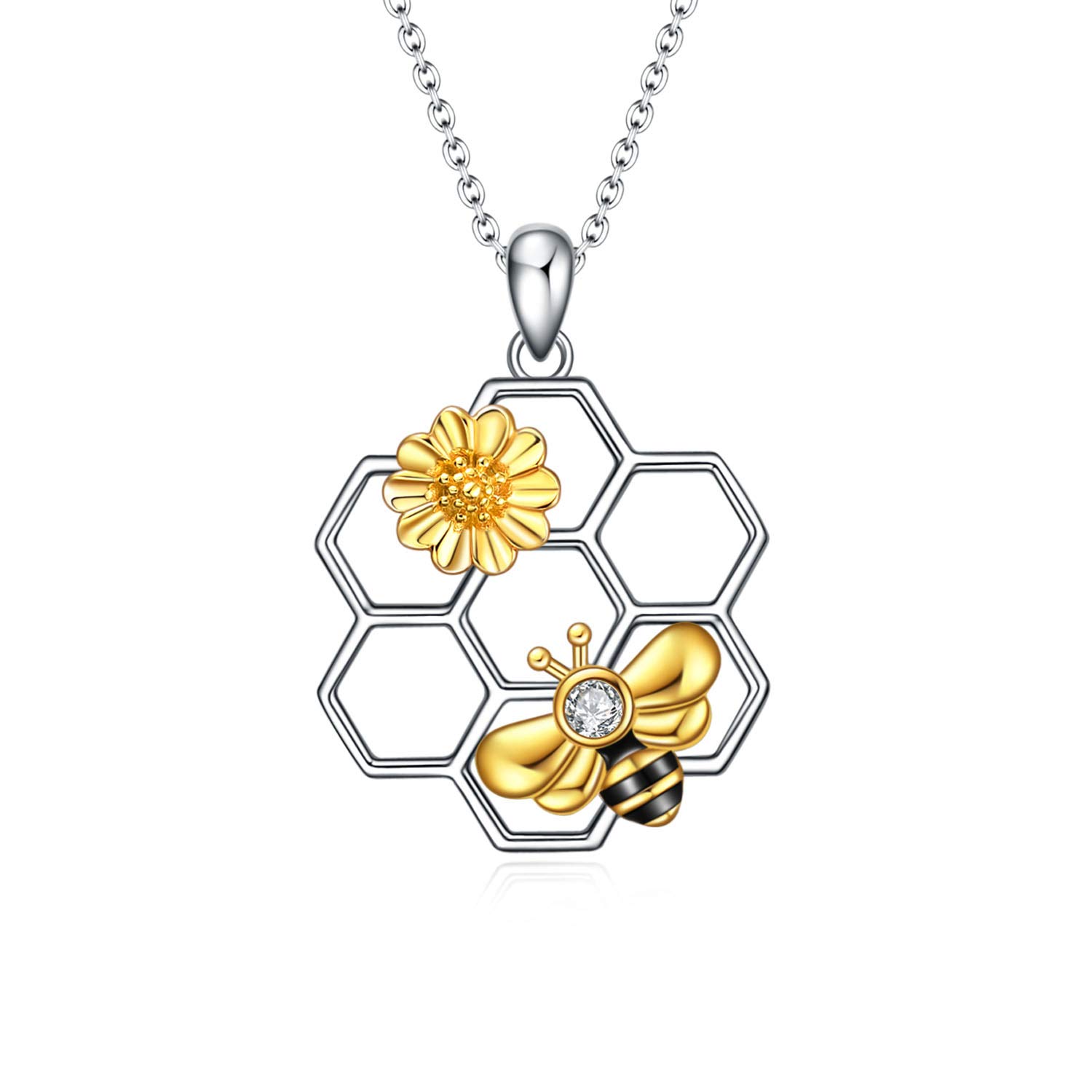 YAFEINI Sterling Silver Honeycomb Bumble Bee Necklace - Geometric Honey Bee Pendant with Sunflower Design - Women's & Girls' Jewellery Gifts