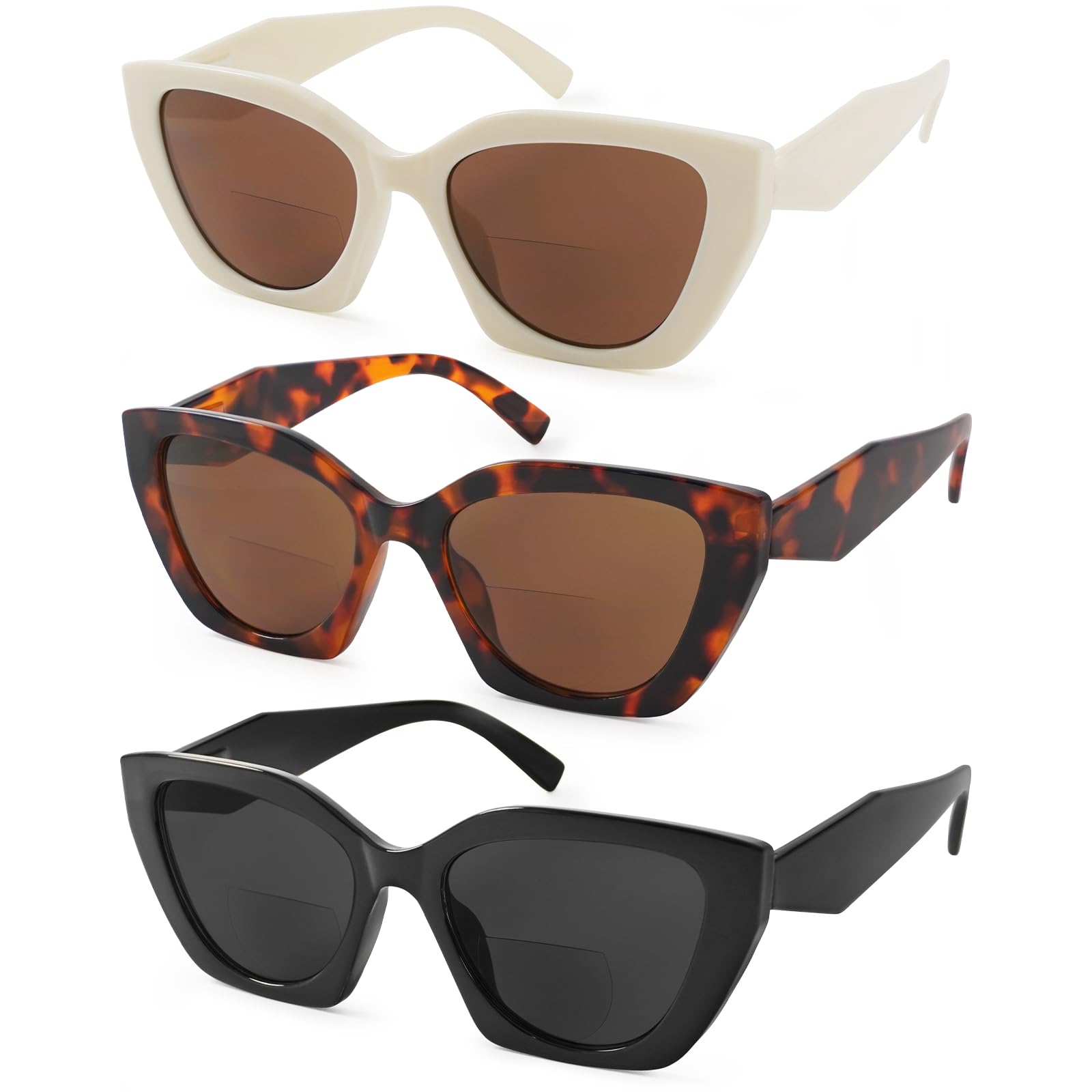 JiSoo Cat Eye Reading Sunglasses 1.0 Bifocal Sunglasses for Women, 3 Pack Trendy Varifocal Reading Sun Glasses with Spring Hinge, 1.0