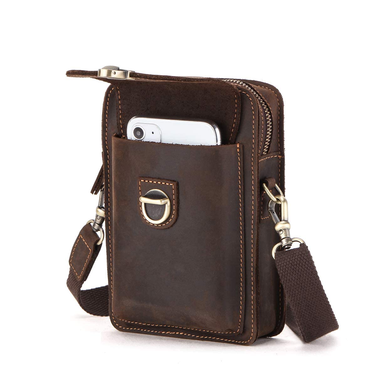 Contacts Men's Genuine Leather Waist Bag Small Pouch Cell Phone Card Coin Purse, Dark Cafe, Taille Unique