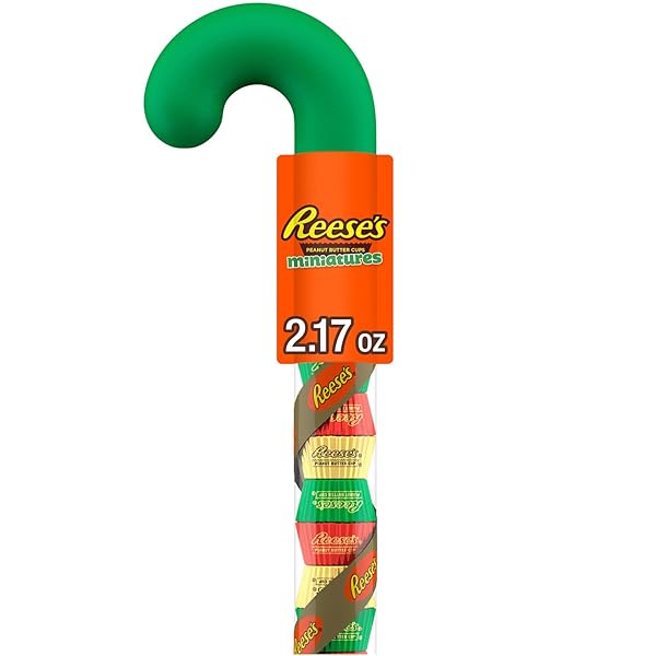 REESE’S MINIATURES MILK CHOCOLATE PEANUT BUTTER CUPS, CHRISTMAS CANDY PLASTIC CANE, 2.17 OZ