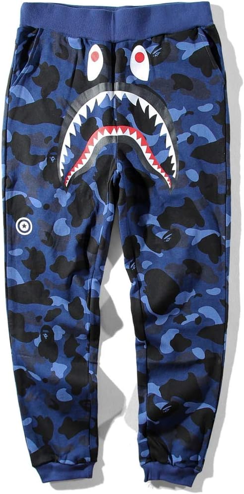 Unisex Ape Bape Camo Shark Head Trousers Casual Elastic Waist Sweatpants with Drawstring and Pockets for Mens and Womens,Blue,S