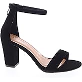 TOP Moda Hannah-1 Ankle Strap Dressy High Heel Sandal, Non-slip Sole, For Wedding, Party, Prom, Evening Wear, or Any Occasion, Sleek Style Block Heel Sandals, Black Nubuck, 7