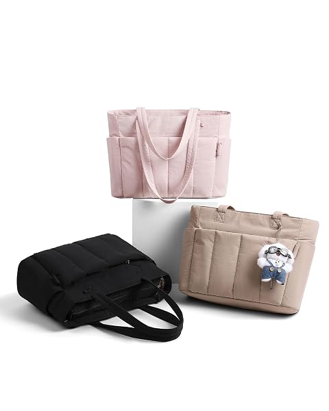 HOMEMEDIARY TOTE BAG FOR WOMEN, PUFFER QUILTED LIGHTWEIGHT SHOULDER BAG, PUFFY TRAVEL WORK GYM HANDBAG WITH WET DRY POCKET