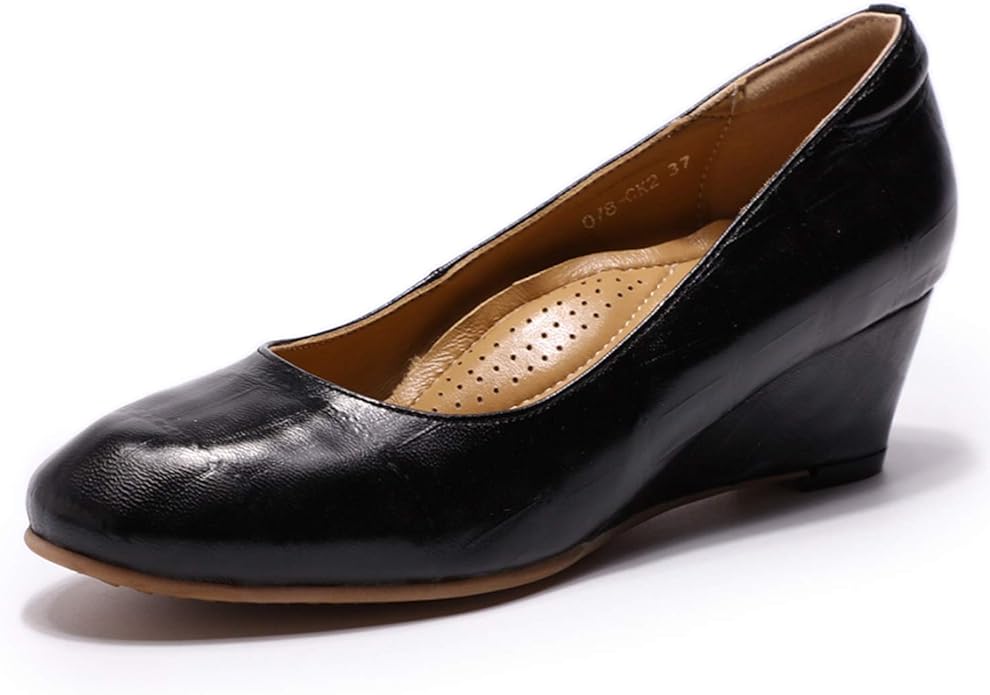Mona flying Women's Leather Court Shoes Dress Pumps Wedge Heels for