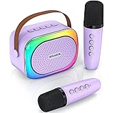 Mini Karaoke Machine for Kids Girls Boys Ages 3-12, Portable Bluetooth Speaker Car Karaoke with 2 Wireless Microphones with Voice Changing & LED Lights, TOP Birthday for Teen Child