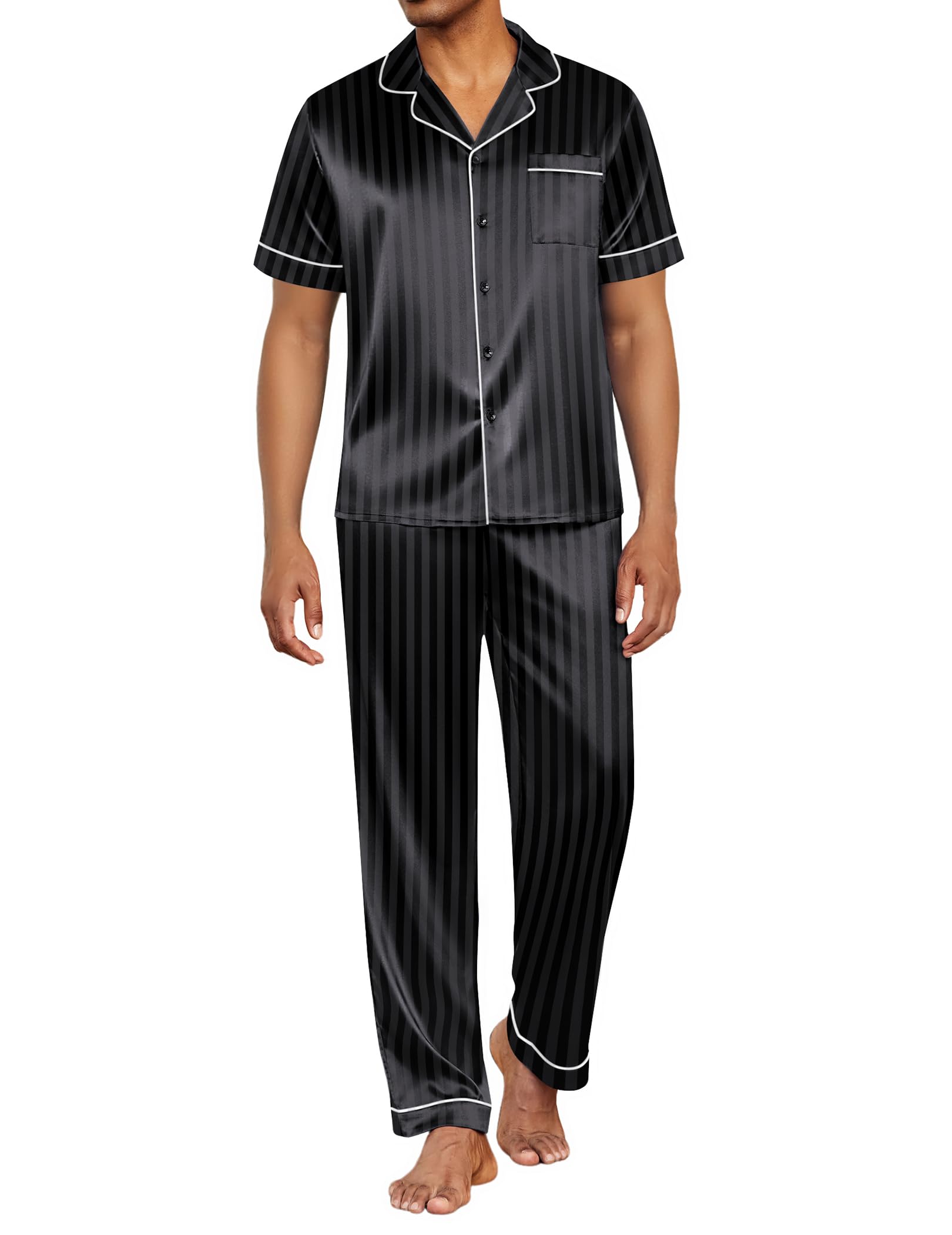 Photo 1 of *USED*
Ekouaer Mens Satin Pajama Set Short Sleeve Sleepwear Button Down Loungewear Pjs Set with Long Pants Stripes/Black