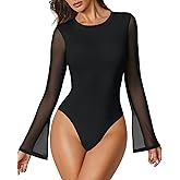 Avidlove Women's Bell Long Sleeve Bodysuits Thong Crew Neck Mesh Body Suit Going Out Leotard Tops