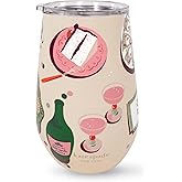 kate spade new york Insulated Stainless Steel Wine Tumbler, 16 oz Double Wall Stemless Travel Cup with Lid, Pink & Green Drinkware (Festive Party)