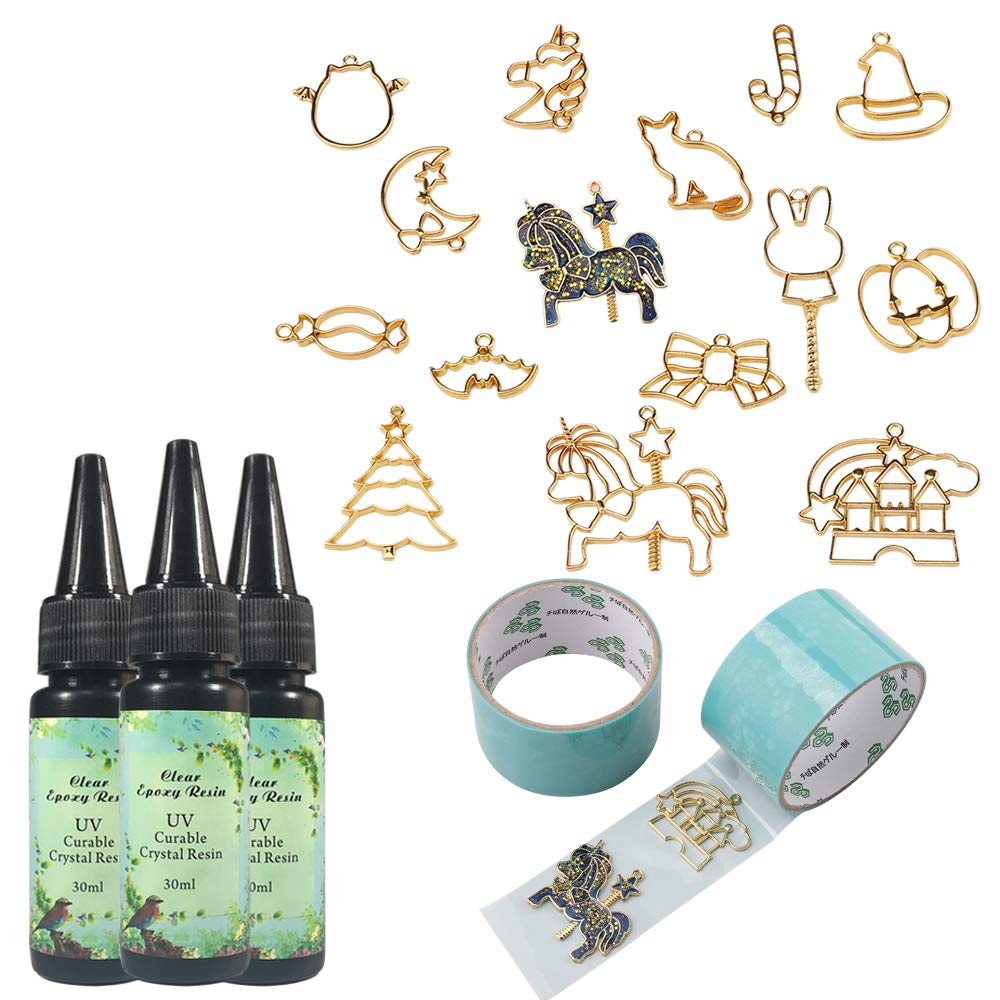 3 UV Epoxy Resin Crystal Clear Transparent Quick Curing No Mixing + 17 Open Back Bezels for Pendants Necklaces Christmas Patterns + 2 Glueless Tapes Professional for Arts Crafts, Jewelry Making Kit