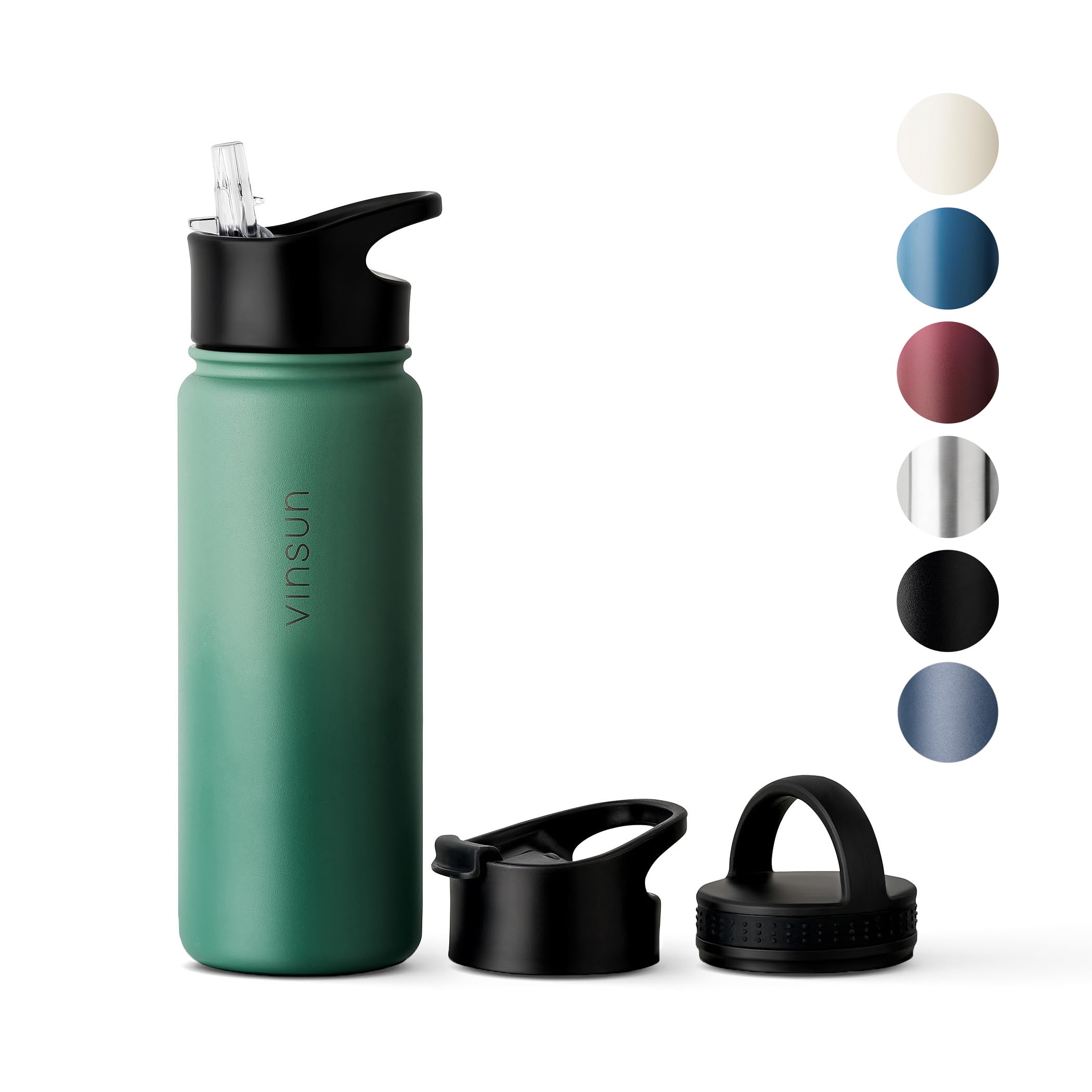 Vinsun Stainless Steel Water Bottle 500ml - Leakproof, BPA Free, Hot and Cold Drinks - 3 Lids - Vacuum Insulated Thermo Flask - Travel, Sports, Bike, School, Work