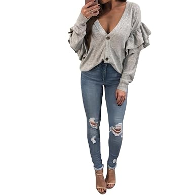 Shujin Damen Herbst Elegant Strickjacke Mit Volants Armel V