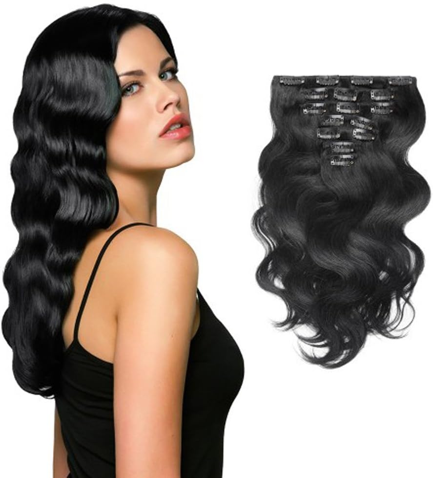 SG Hair 14" Remy Human Hair Clip in Extensions for Women Jet Black(#1) Body Wavy 7Pieces 70grams/2.45oz