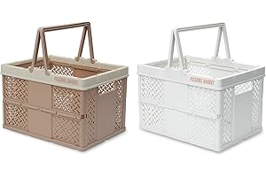 TRZZ 2-Pack Plastic Storage Baskets with Handles, Collapsible Hanging Basket for Organizing, Pastel Storage Crates for Car, Kitchen, Office, Bathroom, and Picnic Organizing, White+Mocha. (12.2" 9" 8.2")