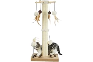 PEEKAB Cat Scratching Post Sisal Scratch Posts for Indoor Cats and Kittens with Tracking Ball Interactive Toys and Hanging Balls 30 Inches Beige