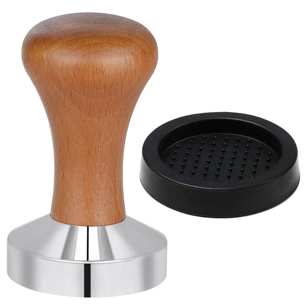 Vicloon Coffee Tamper 51mm, Espresso Coffee Tamper, Stainless Steel Espresso Tamper, Wooden Tamper Coffee Shop Supplies with Silicone Tamper Mat