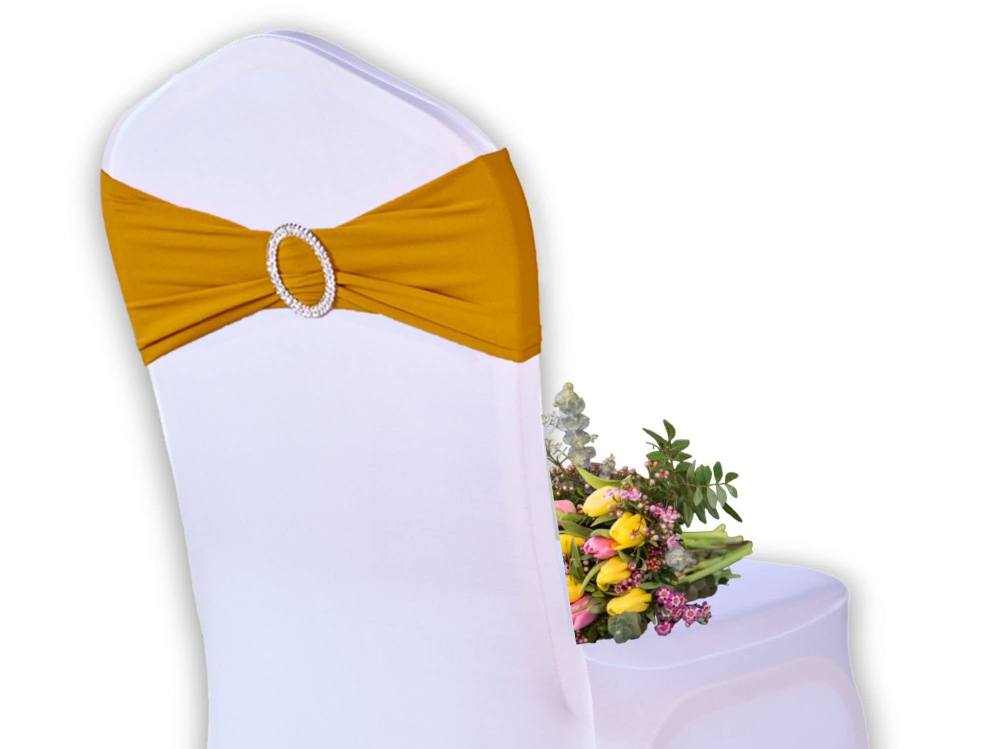 Elegant Event Essentials - 10 Pieces - Spandex Stretch Elastic with Round Buckle Slider Chair Cover Band, Sash Tie For Wedding, Party Chair Decor, Hotel, Christmas, Reception, Banquets - Gold