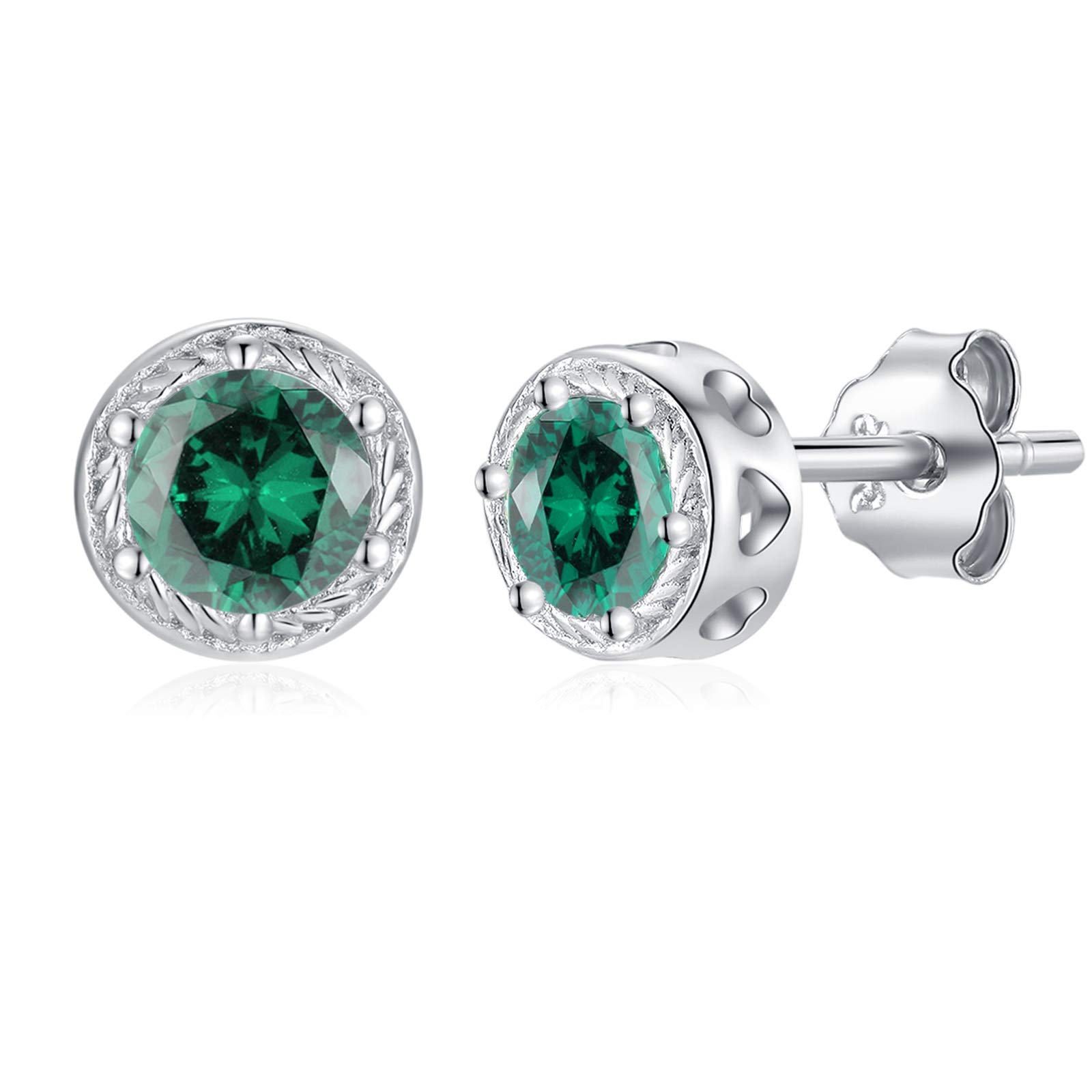 Qings Sterling Silver May Birthstone Earrings Stud Round Cut Diopside Earrings Women