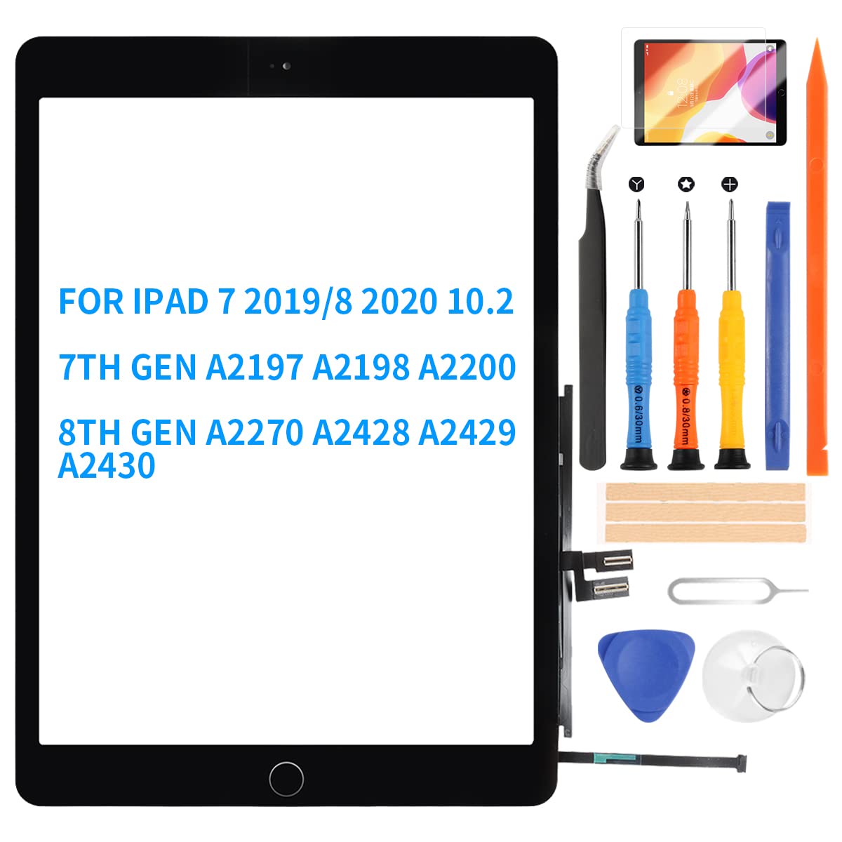 LADYSON 10.2" for IPAD 7 IPAD 8 Screen Replacement 7th Gen 2019/8th Gen 2020 Digitizer A2197 A2198 A2200 A2270 A2428 A2429 A2430 Touch Glass Panel Parts with Home Button +Protector Film+Tools(Black)