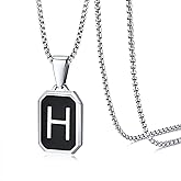 Hisatan Initial Necklace for Men Women, A-Z Letter Pendant Necklaces Black Silver Square Capital Mens Stainless Steel Monogram Alhpabets Charm Gifts Jewelry, 24 inch Box Chain