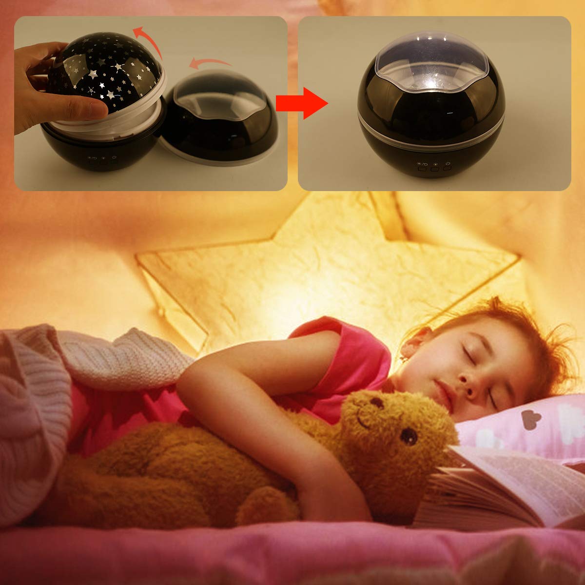 Sternenhimmel Projektor Lampe, Ifecco LED Nachtlicht Lampe 360° Rotierend Beleuchtung mit 8 Romantische Licht, Perfektes Geschenk für Babys, Kinder, Geburtstag, Weihnachten, Halloween (Schwarz)