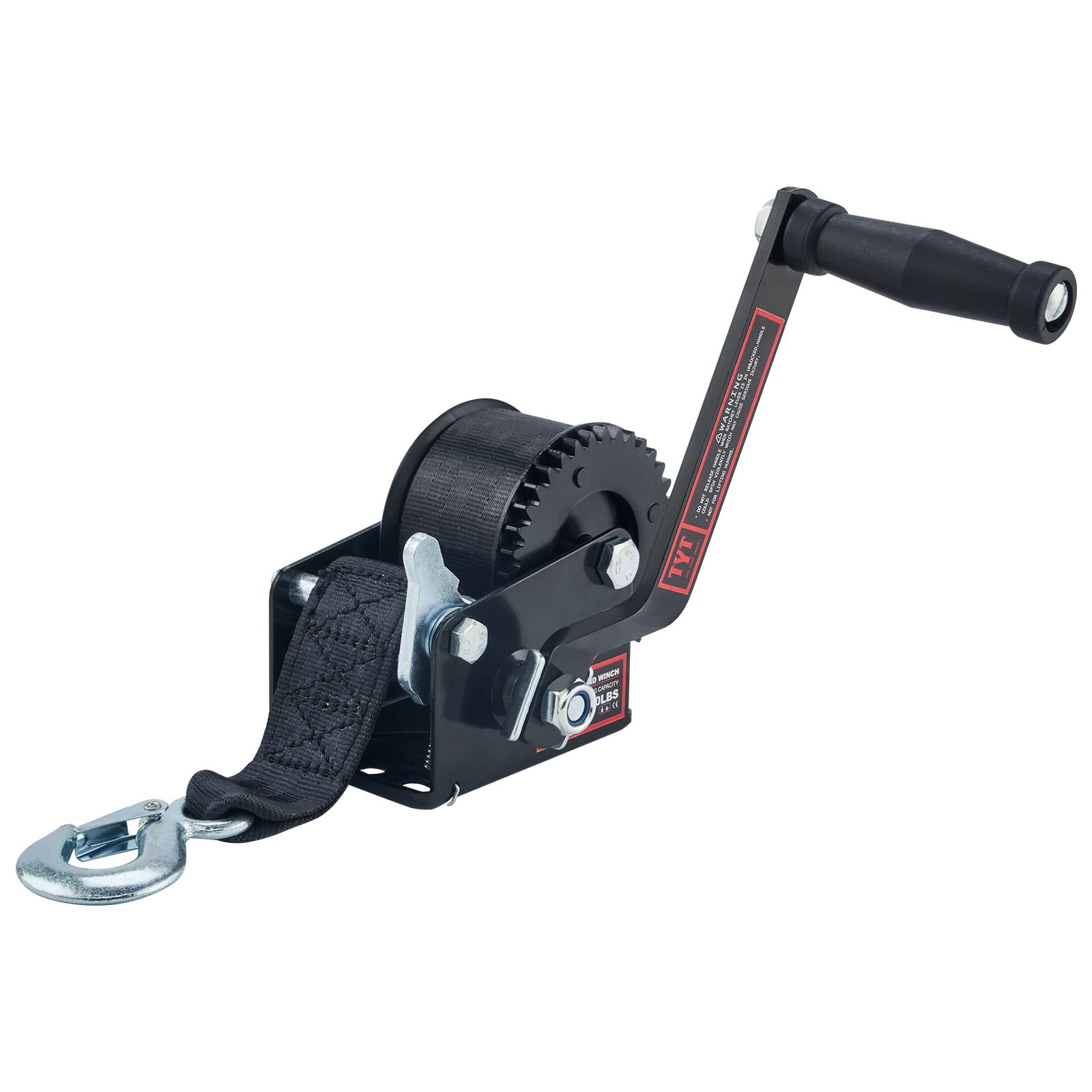 Photo 1 of (PARTIAL) (UNTESTED) TYT 600LB Boat Trailer Winch with Black Polyester Strap, Anti-Slip Handle Crank Gear Hand Winch, Portable Two-Way Ratchet Forward & Backward Manual Rope Winch for ATV UTV Jet Ski Trailer Small Winch