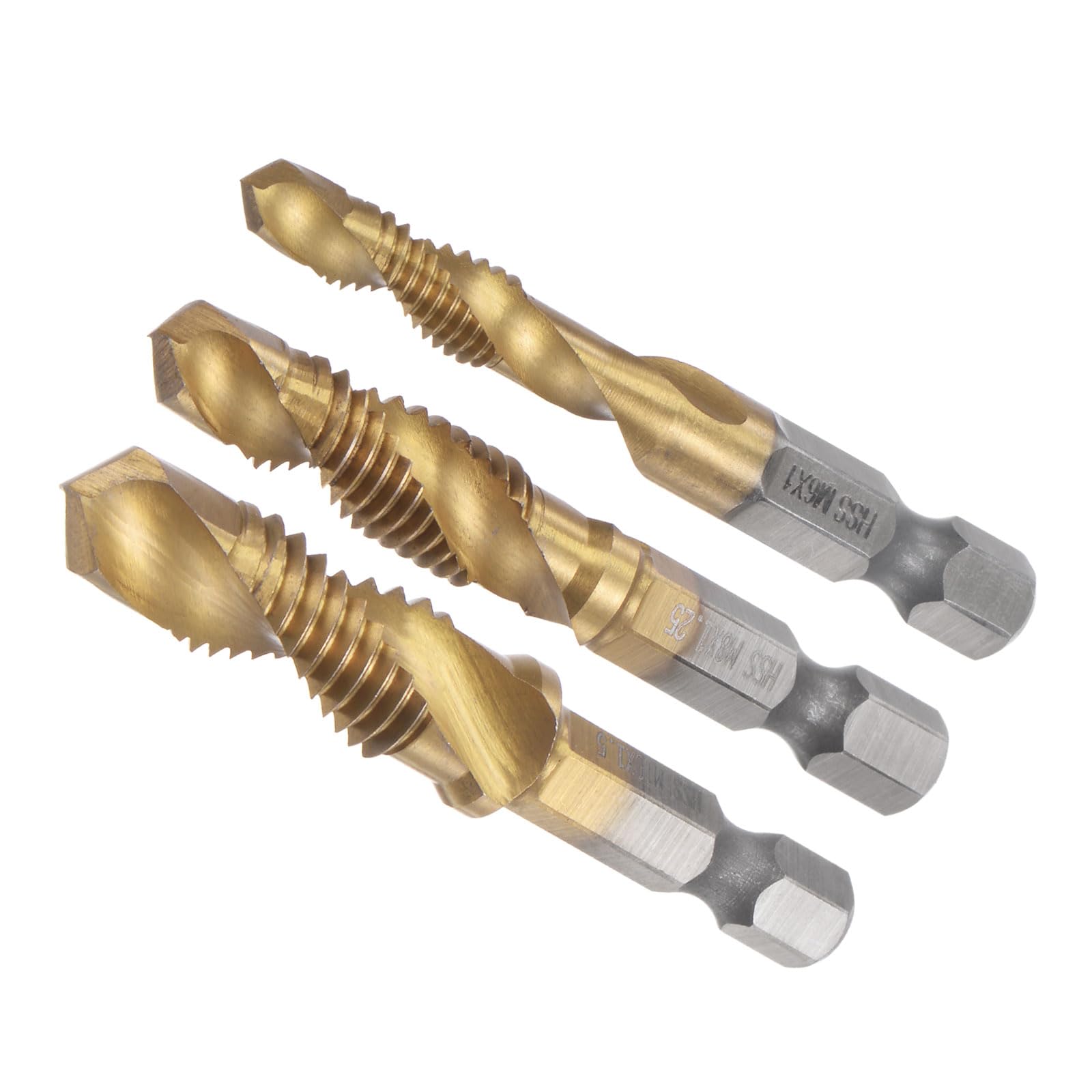 CoCud Combination Drill and Tap Bit, M6 M8 M10 Thread Size 1/4" Hex Shank, Titanium Coated High Speed Steel Tools - (Applications: for Aluminum Stainless Steel Plastic), 3-Pieces