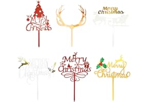 HAZYORE 6 PCS Christmas Cake Topper, Gold White and Red Glitter Christmas Party Decorations, Winter Holiday Party Decorations, Red Glitter Christmas Gift Cake Tops, Christmas Holiday Party Supplies