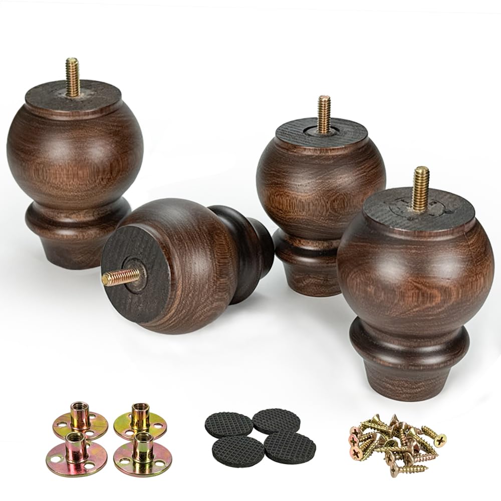 Photo 1 of Aiminjey 4 Inch Wooden Furniture Legs Set of 4 Sofa Replacement Brown Solid Wood Furniture Feet for Armchair Couch Cabinet Dresser Ottoman TV Stand Bed Legs with Mounting Plates Screws (4inch)