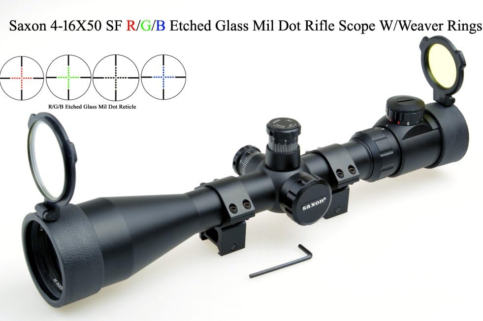 Standard Optics SAXON 4-16x50 (30mm) SF R/G/B Glass Mil Dot Rifle Scope Sniper Scope W/Weaver Rings