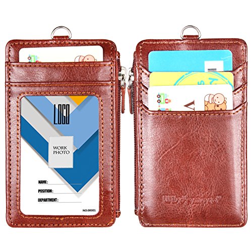 Badge Holder with Zip, Wisdompro 2Sided Vertical Style PU Leather ID