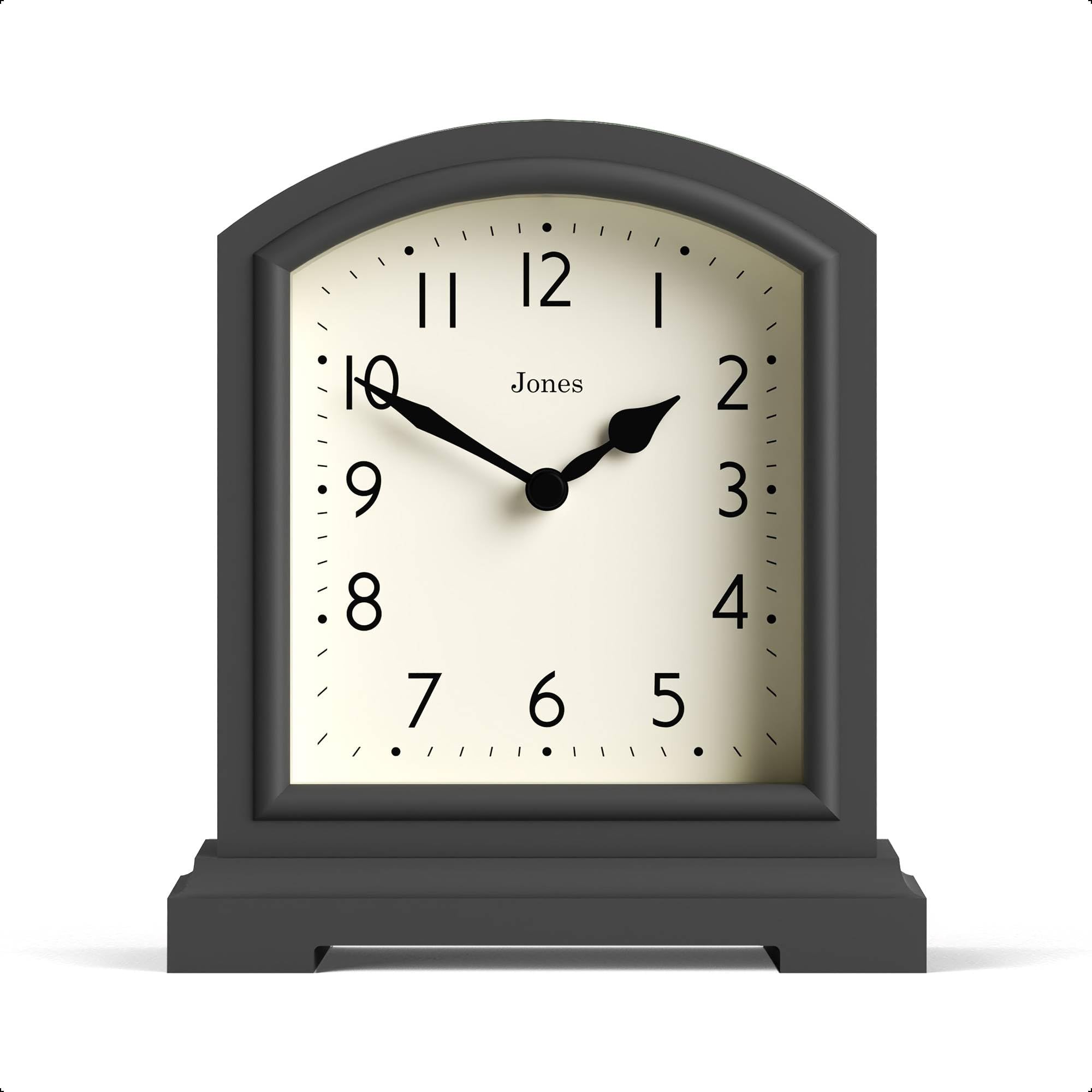 Jones Clocks® Tavern mantel clock | Small modern arch top design | Dark grey | Contemporary classic style for desk, table, shelf or bedside