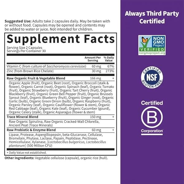 GARDEN OF LIFE ZINC SUPPLEMENTS 30MG HIGH POTENCY RAW ZINC AND VITAMIN C MULTIMINERAL SUPPLEMENT, VITAMIN CODE VITAMINS TRACE MINERALS & PROBIOTICS FOR SKIN HEALTH & IMMUNE SUPPORT, 60 VEGAN CAPSULES