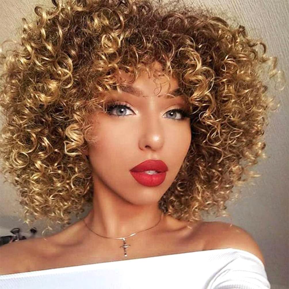 PORSMEER Womens Short Curly Afro Wigs with Fringe Natural Looking Synthetic Heat Resistant Hair Brown Mixed Blonde Wig for Ladies Cosplay and Daily,14 Inch — image 1