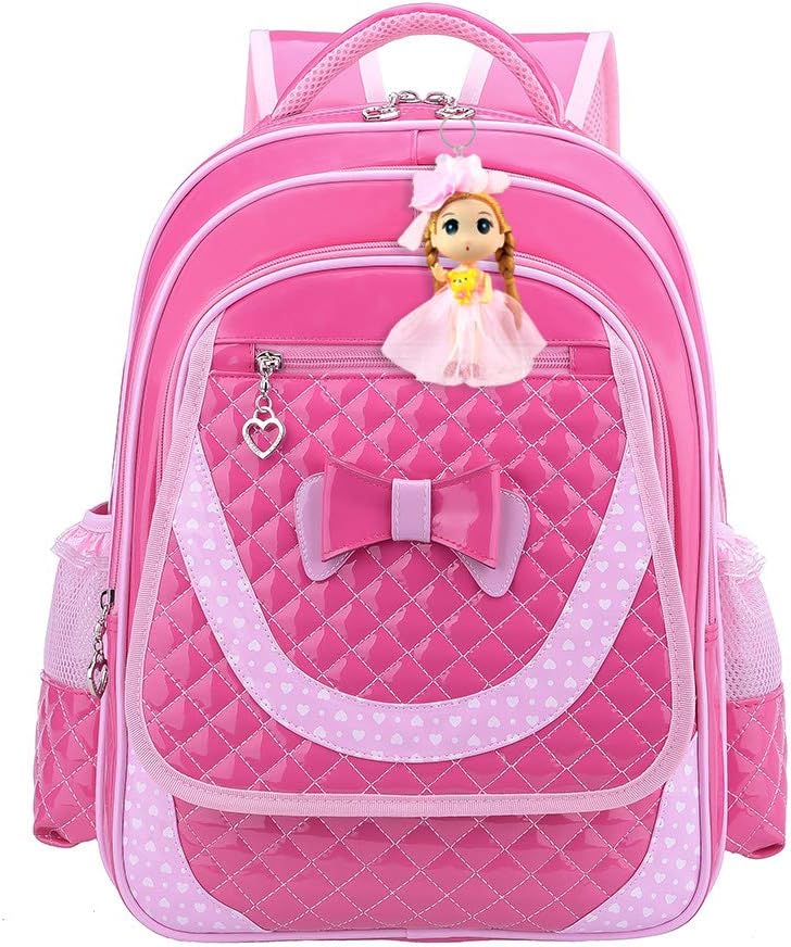 Flyty Cute Mini Backpack for School Girls PU Leather Bow Bookbag with Toy Doll Elementary Casual Travel Book Bag Rose L
