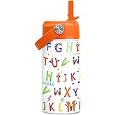 SANDJEST Kids Water Bottle with Straw Lid - 12 Oz Alphabet Insulated Stainless Steel Water Bottles for Kid Girl Boys - Travel Cup for School Sports