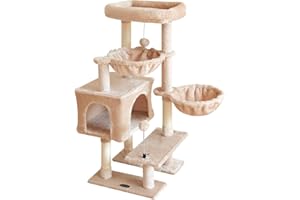 KIYUMI Cat Tree Cat Tower Condo with Sisal Scratching Post for Indoor Cats Cat Tree Cat Furniture with Hammock Perch and Kitten Ball Toys, Multi-Level Pet Activity Center Beige