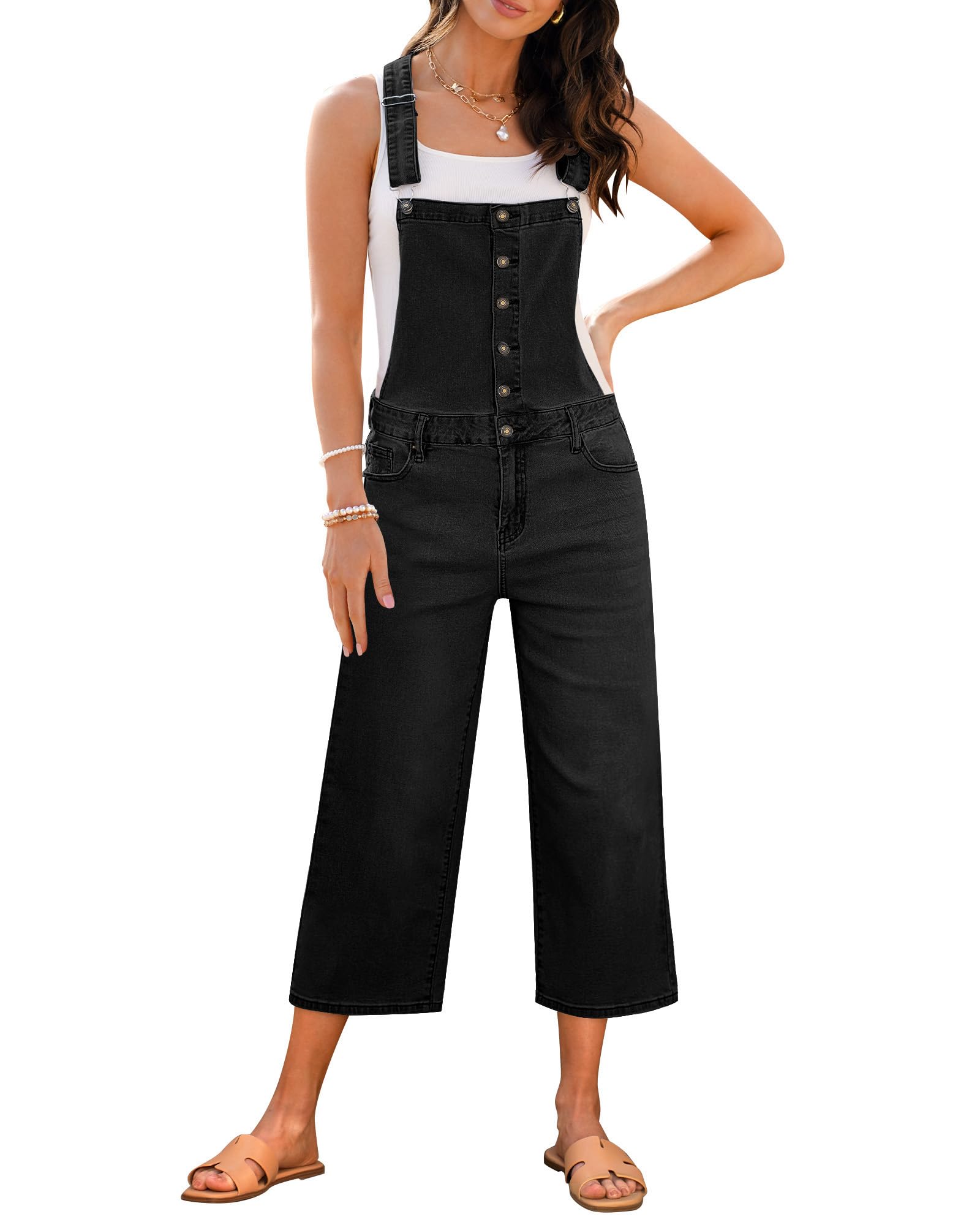 Photo 1 of luvamia Overall Capris for Women Jeans Cropped Wide Leg Jean Jumpsuit Button Front Denim Outfit Black Overalls for Women Loose Fit Denim Washed Black Size Medium US 8 to 10