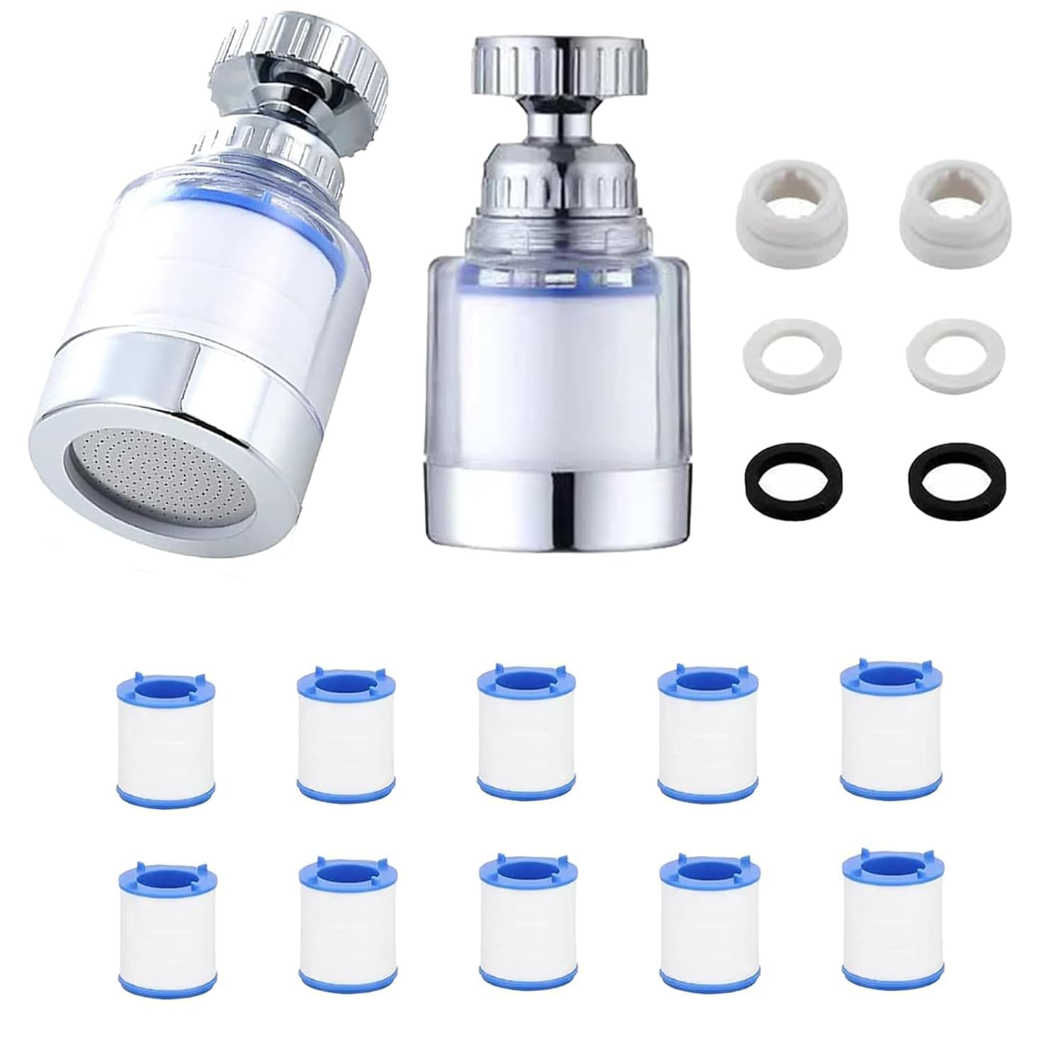 2 Pcs Faucet Water Filters+10 Filter Cartridges,360 Degree Rotating Sink Tap Water Filter Carbon Water Filtration Faucet Clean Purifier Filter Tap Removes Chlorine Fluoride Heavy Metals Hard Water