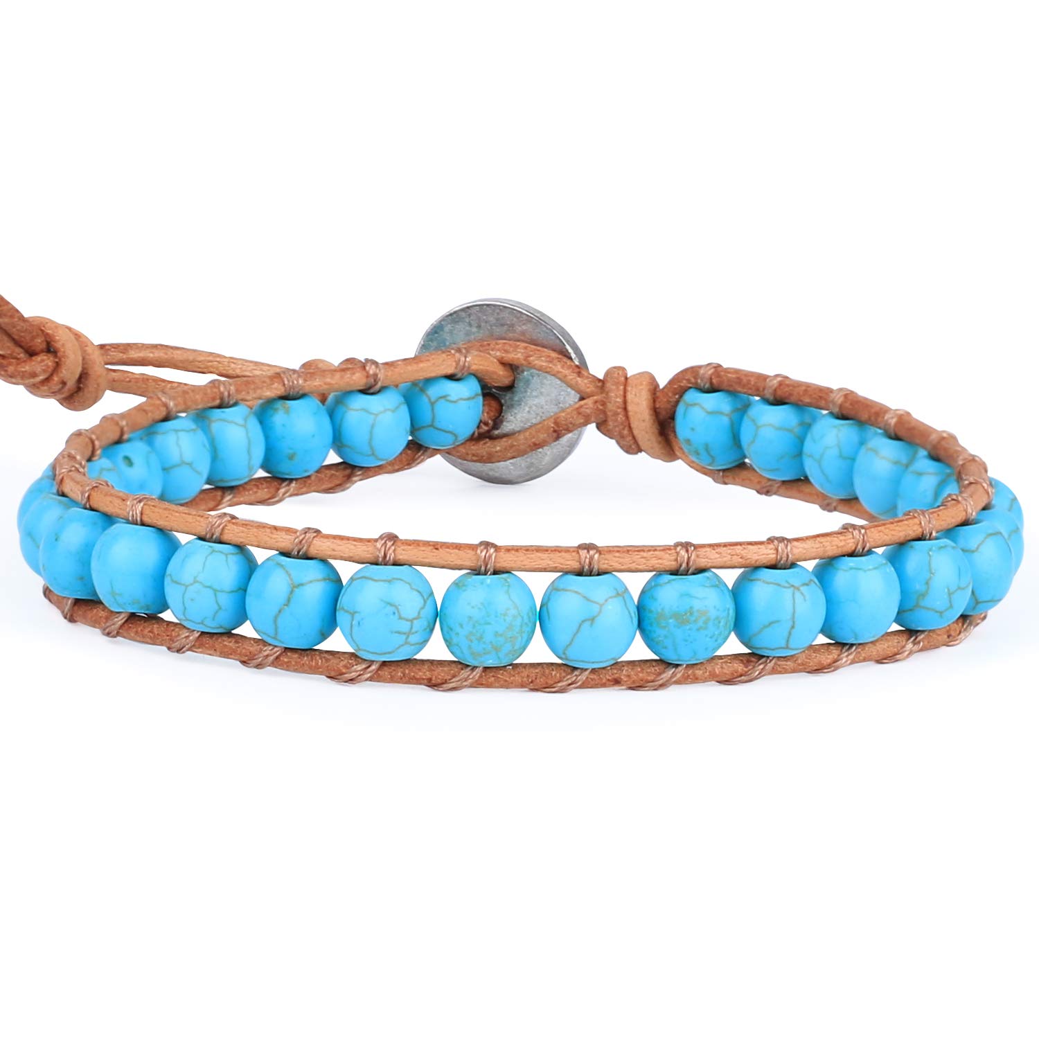 KELITCH Natural Leather Wrap Bracelet Agate Crystal Skull Mix Beaded Bracelet For Women Men Strand Bracelets New (Blue 5A)