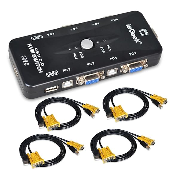 4 Port USB KVM Switch Box VGA + 4Stk Kabel für PC Monitor / Tastatur / Maus-Steuerung