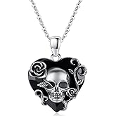 TRISHULA Skull Necklace 925 Sterling Silver Rose Skull Pendant with Austrian Black Heart Crystal Gothic Horror Jewelry Christmas Gifts for Women Her Daughter Mom Sister Girlfriend Halloween