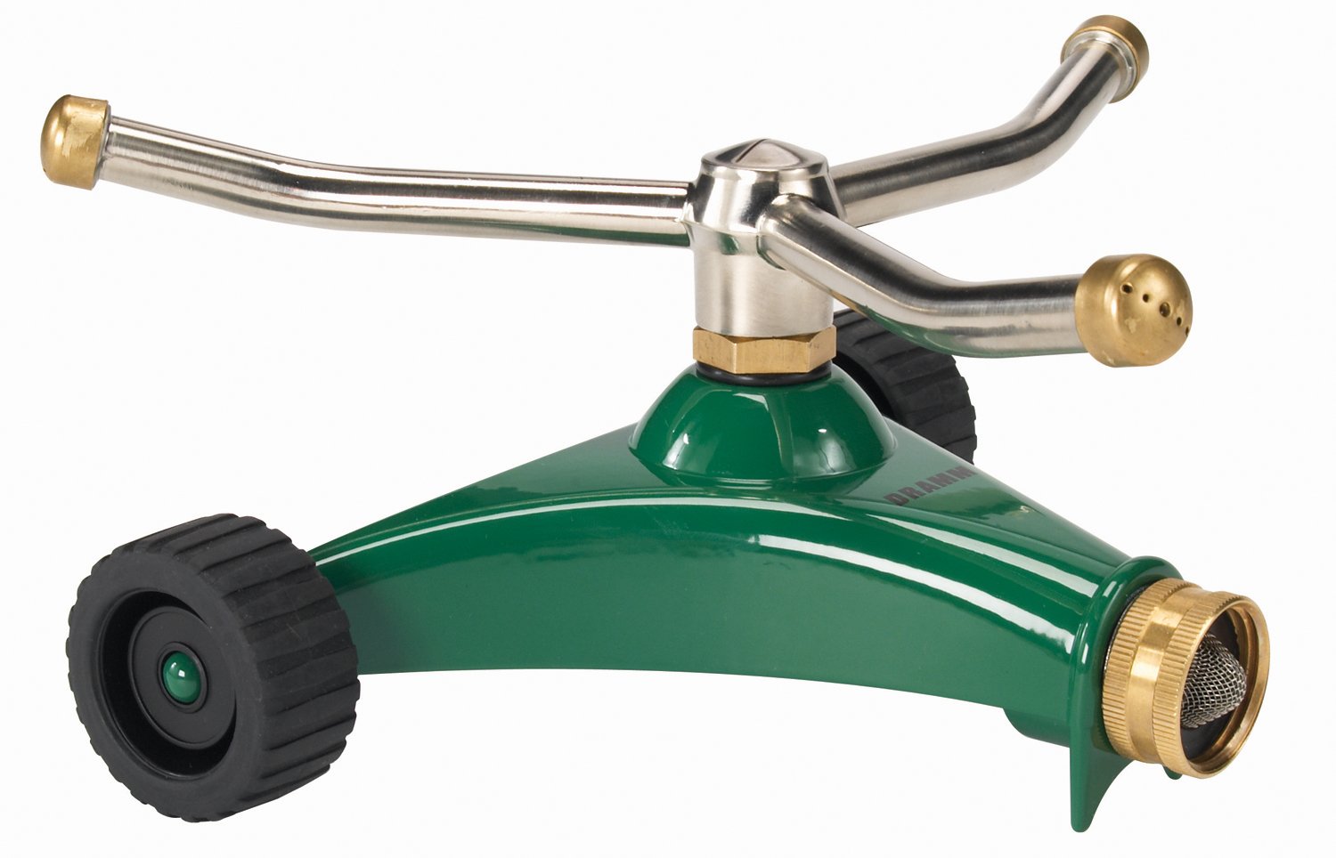 DRAMM ColorStorm 3 Arm Whirling Sprinkler on 6" Wheeled Heavy Duty Metal Base, for Lawn, Yard, Garden and Large Area, Green, 70 Ft Diameter Reach