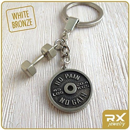Dumbbell Key Ring Barbell Weight Plate Keychain Motivation Gift for Personal Coach and Powerlifting Bodibuilding Athletes Bronze Key Chain Ring No Pain No Gain Man Woman Gym Accessories