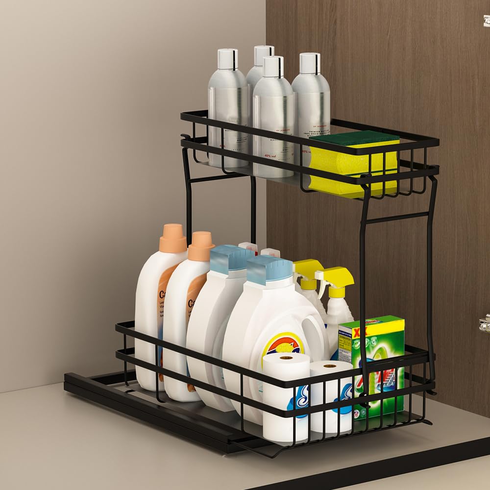 Photo 1 of Zufudo 1 Pack Under Sink Organizers and Storage, 2 Tier Pull Out Cabinet Organizer, Metal Sliding Drawer Storage for Kitchen Bathroom?Black