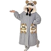 Brrioe Women's button bathrobe hoodie coat plush warm pajamas Long with cute Kawaii pattern pocket pajamas and trousers Sets