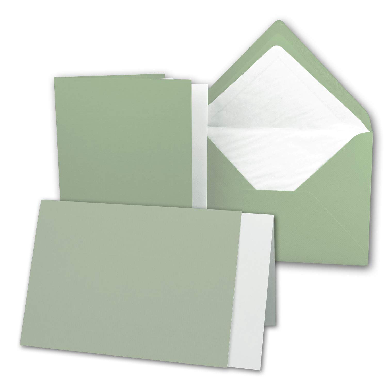 10 x Card Set DIN B6-12 x 17 cm - 120 x 170 mm - Folding Cards with Letter Envelopes and Insert Sheets - Ribbed Structure Surface - Olive Green - Vintage Invitation Cards
